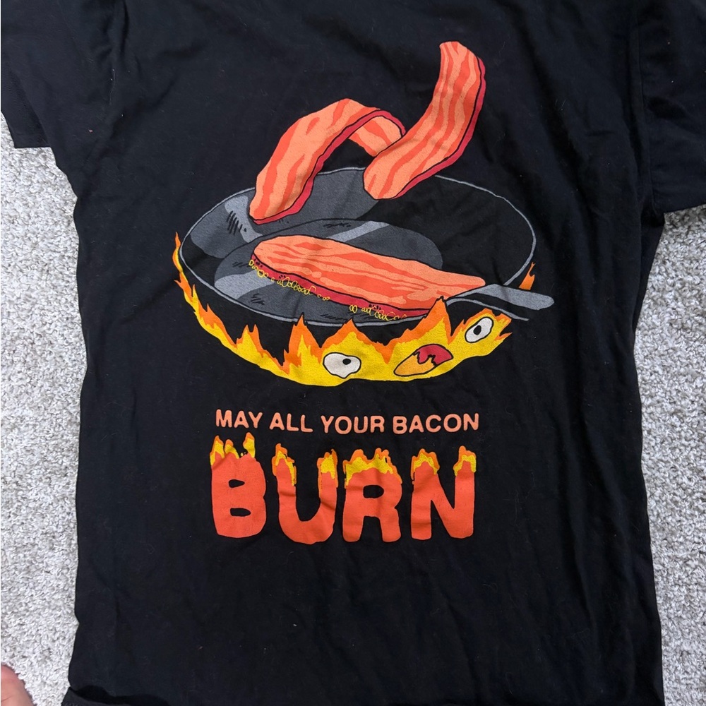 Hot Topic Black Graphic Tee with Orange & Yellow Bacon Design